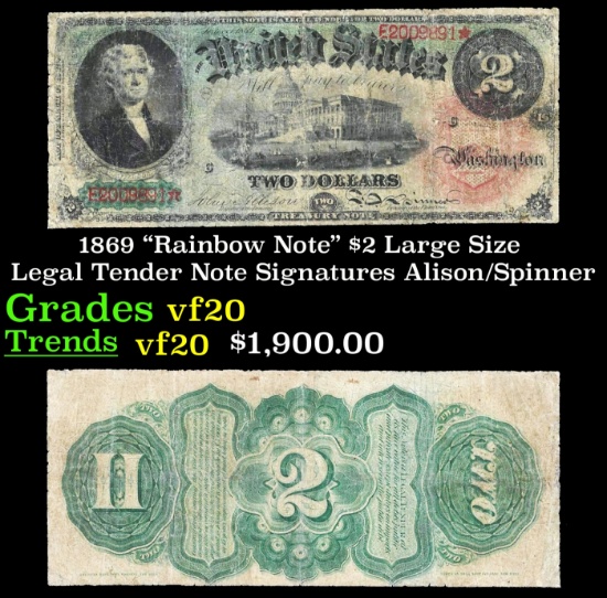 1869 $2 Large Size Legal Tender Note "Rainbow Note" Grades vf, very fine Signatures Alison/Spinner