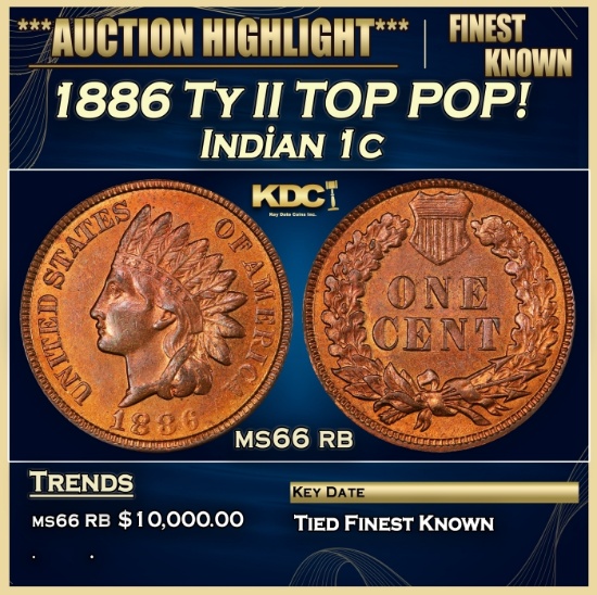 1886 Ty II Indian Cent TOP POP! 1c ms66 rb SEGS