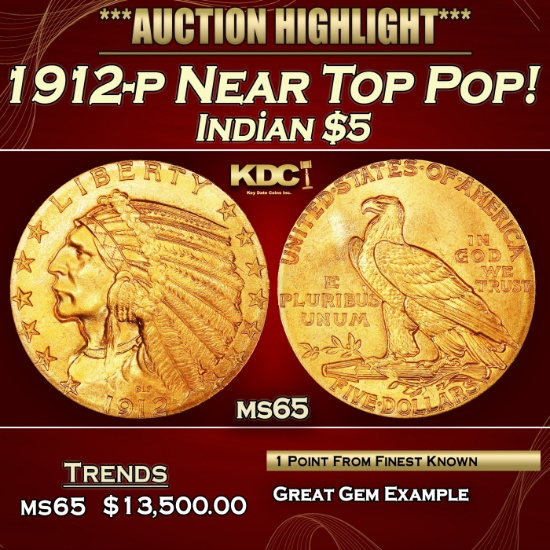 1912-p Gold Indian Half Eagle Near Top Pop! $5 ms65 USCG