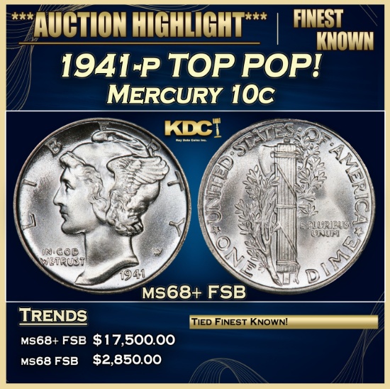 1941-p Mercury Dime TOP POP! 10c ms68+ FSB SEGS
