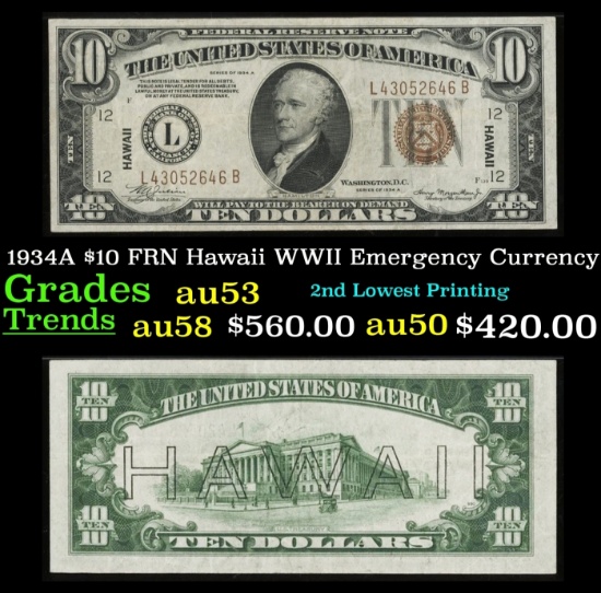 1934A $10 FRN Hawaii WWII Emergency Currency Grades Select AU