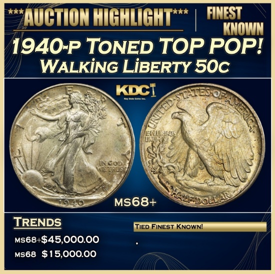 1940-p Walking Liberty Half Dollar Toned TOP POP! 50c ms68+ SEGS