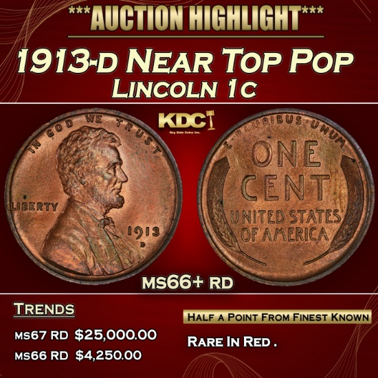 1913-d Lincoln Cent Near Top Pop 1c ms66+ rd SEGS