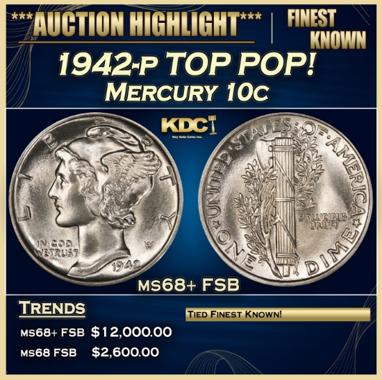 1942-p Mercury Dime TOP POP! 10c ms68+ FSB SEGS