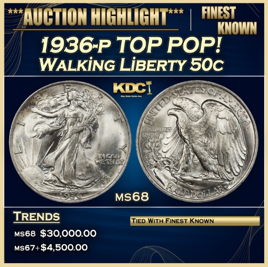 1936-p Walking Liberty Half Dollar TOP POP! 50c ms68 SEGS