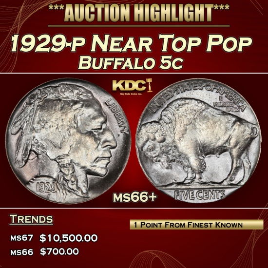 1929-p Buffalo Nickel Near Top Pop 5c ms66+ SEGS
