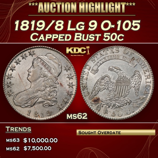 1819/8 Lg 9 Capped Bust Half Dollar O-105 50c ms62 USCG