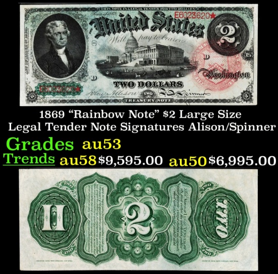 1869 $2 Large Size Legal Tender Note "Rainbow Note" Grades Select AU Signatures Alison/Spinner