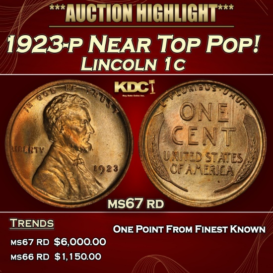 1923-p Lincoln Cent Near Top Pop! 1c ms67 rd SEGS