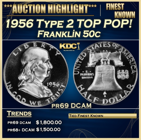 1956 Type 2 Proof Franklin Half Dollar TOP POP! 50c pr69 DCAM SEGS