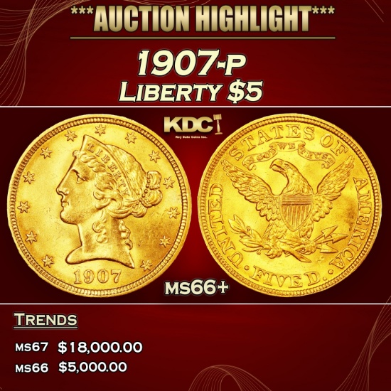 1907-p Gold Liberty Half Eagle $5 ms66+ SEGS