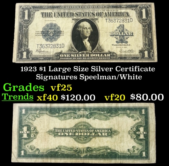 1923 $1 large size Silver Certificate Grades vf+ Signatures Speelman/White