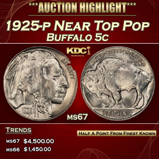 1925-p Buffalo Nickel Near Top Pop 5c ms67 SEGS
