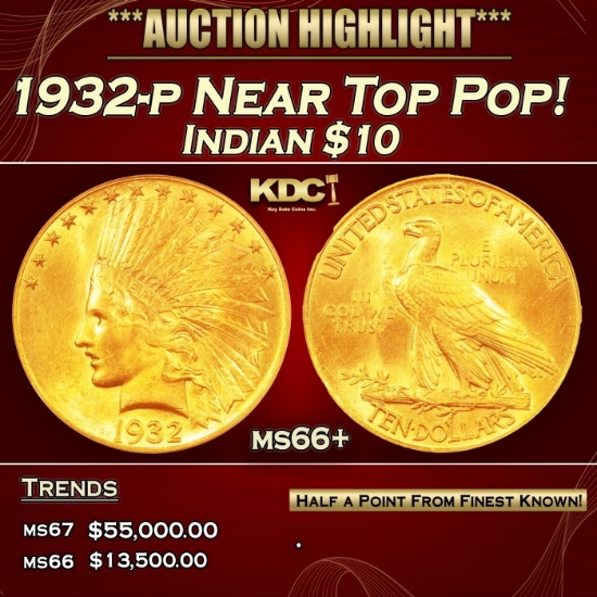 1932-p Gold Indian Eagle Near Top Pop! $10 ms66+ SEGS