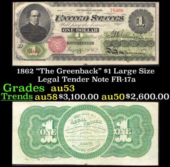 1862 $1 Large Size Legal Tender Note "The Greenback" Grades Select AU FR-17a