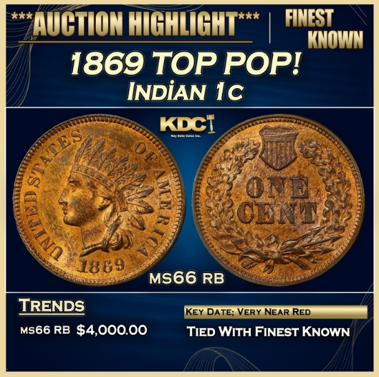 1869 Indian Cent TOP POP! 1c ms66 rb SEGS