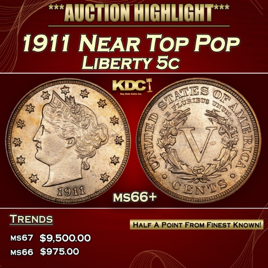 1911 Liberty Nickel Near Top Pop 5c ms66+ SEGS