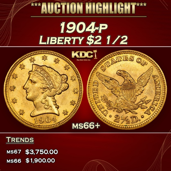 1904-p Gold Liberty Quarter Eagle $2 1/2 ms66+ SEGS