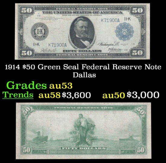 1914 $50 Green Seal Federal Reserve Note Grades Select AU Dallas