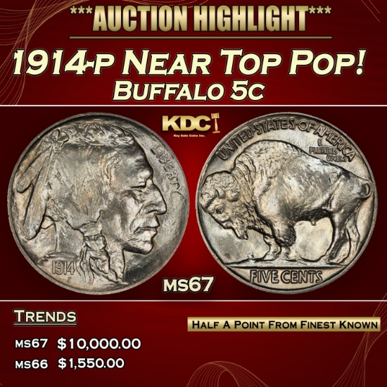 1914-p Buffalo Nickel Near Top Pop! 5c ms67 SEGS