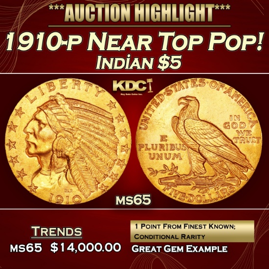 1910-p Gold Indian Half Eagle Near Top Pop! $5 ms65 USCG