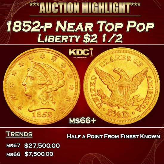 1852-p Gold Liberty Quarter Eagle Near Top Pop $2 1/2 ms66+ SEGS