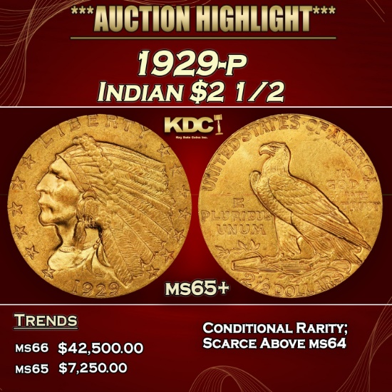 1929-p Gold Indian Quarter Eagle $2 1/2 ms65+ SEGS