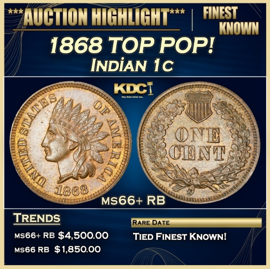 1868 Indian Cent TOP POP! 1c ms66+ RB SEGS