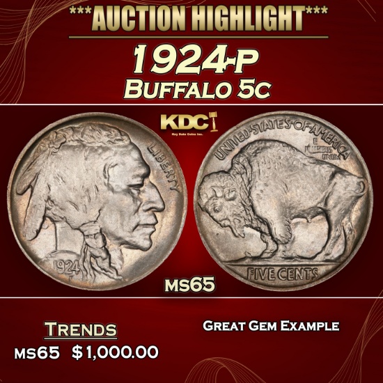 1924-p Buffalo Nickel 5c ms65 SEGS