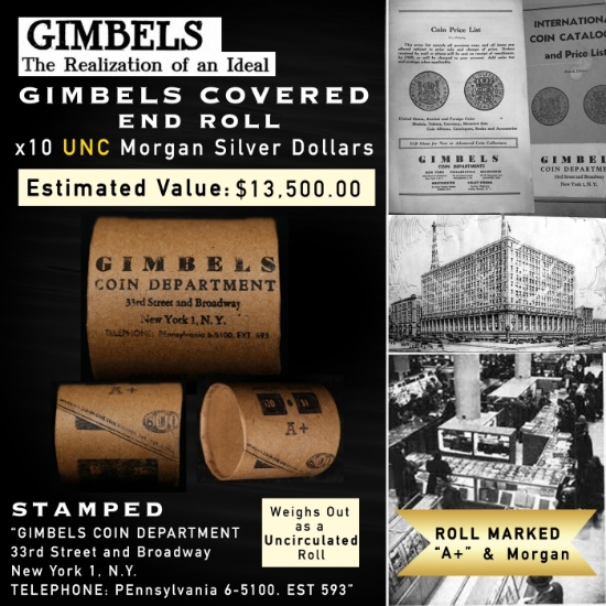 YD- Rare GIMBLES A+ 10 Coin Unc Morgan Dollar $1 Roll