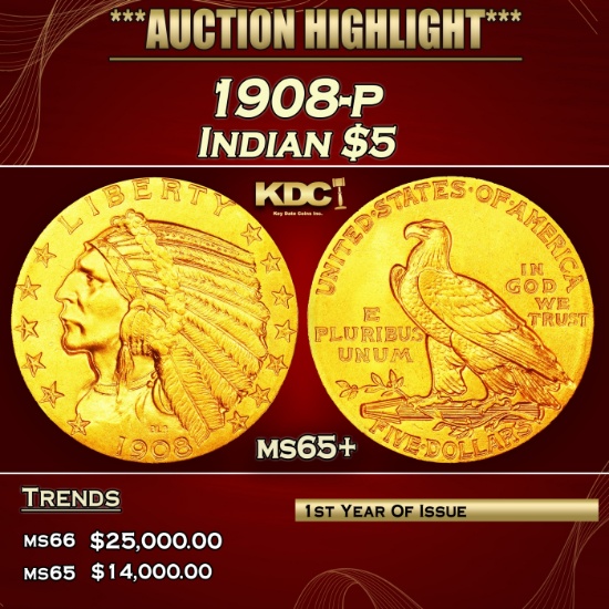 1908-p Gold Indian Half Eagle $5 ms65+ USCG