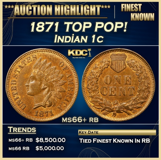 1871 Indian Cent TOP POP! 1c ms66+ rb SEGS