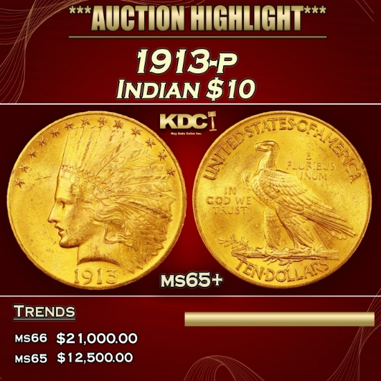1913-p Gold Indian Eagle $10 ms65+ SEGS