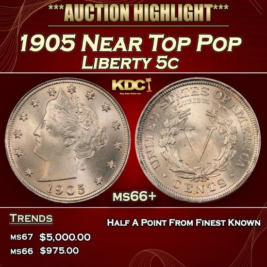 1905 Liberty Nickel Near Top Pop 5c ms66+ SEGS