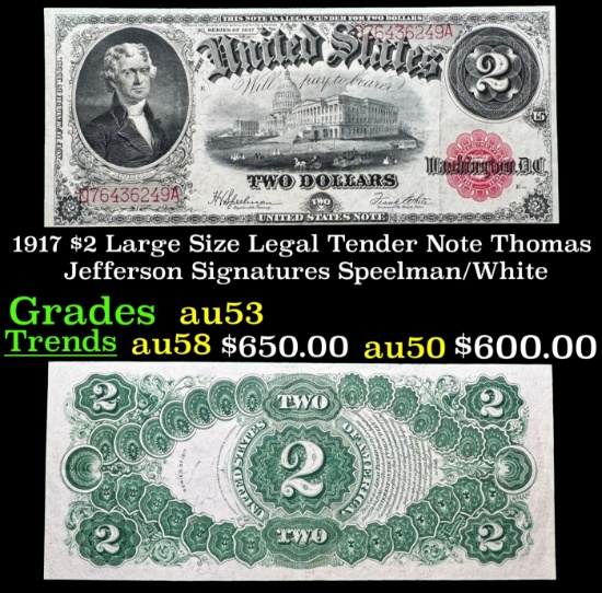 1917 $2 Large Size Legal Tender Note Thomas Jefferson Grades Select AU Signatures Speelman/White
