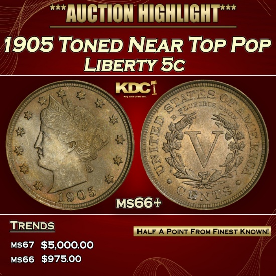 1905 Liberty Nickel Toned Near Top Pop 5c ms66+ SEGS