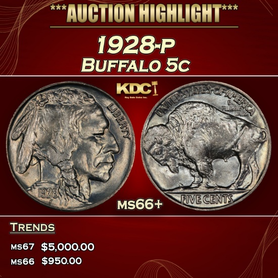 1928-p Buffalo Nickel 5c ms66+ SEGS