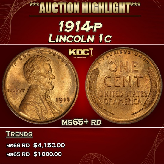 1914-p Lincoln Cent 1c ms65+ rd SEGS