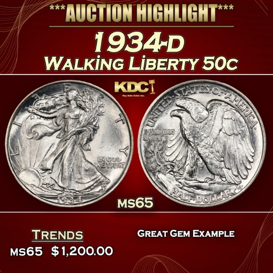 1934-d Walking Liberty Half Dollar 50c ms65 SEGS