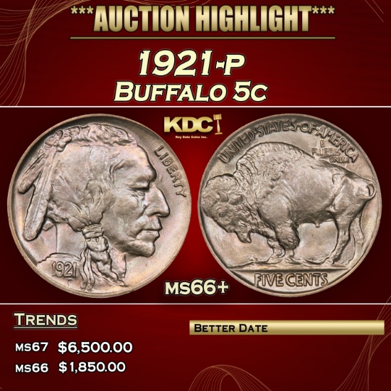 1921-p Buffalo Nickel 5c ms66+ SEGS