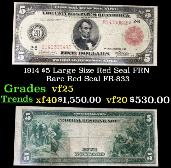 1914 $5 Large Size Red Seal FRN Rare Red Seal Grades vf+ FR-833