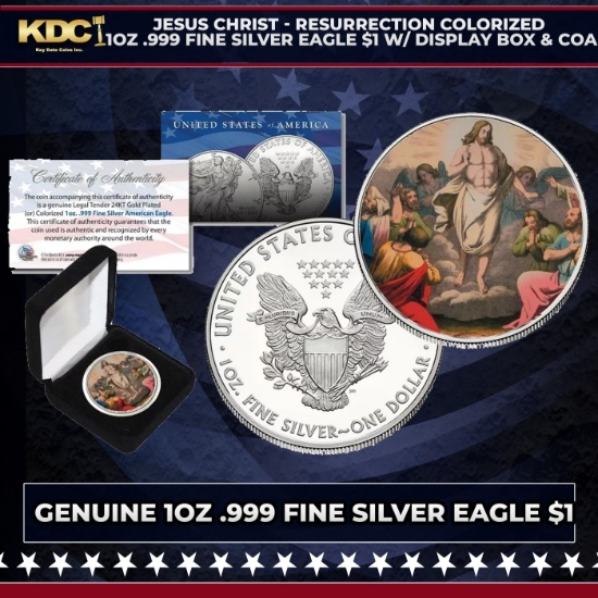 Jesus Christ - Resurrection Colorized 1oz .999 Fine Silver Eagle $1 w/ Display Box & COA Grades Othe
