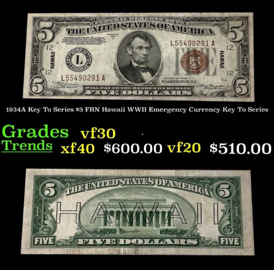 1934A $5 FRN Hawaii WWII Emergency Currency Key To Series Key To Series Grades vf++