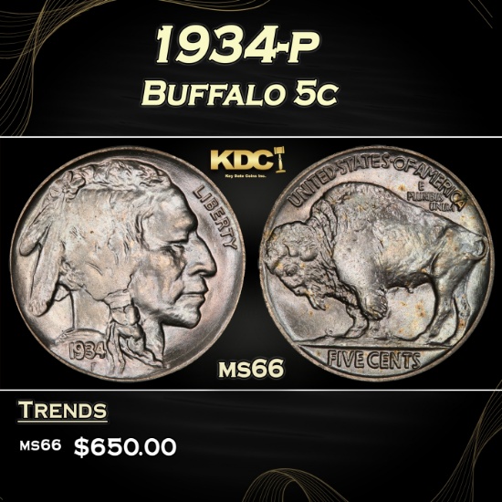 1934-p Buffalo Nickel 5c Grades ms66
