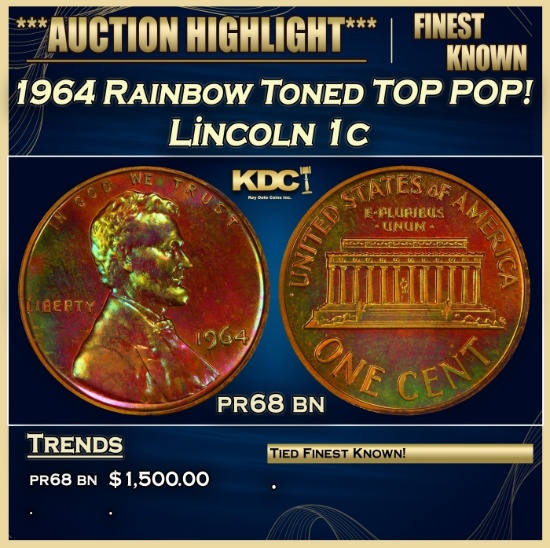 1964 Proof Lincoln Cent Rainbow Toned TOP POP! 1c pr68 bn SEGS