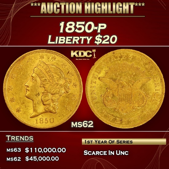 1850-p Gold Liberty Double Eagle $20 ms62 SEGS