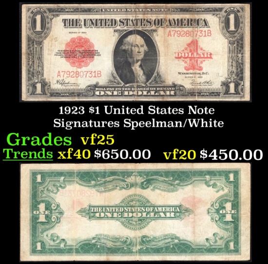1923 $1 United States Note Grades vf+ Signatures Speelman/White