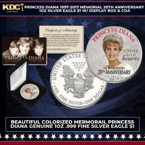 Princess Diana 1997-2017 Memorial 20th Anniversary 1oz Silver Eagle $1 w/ Display Box & COA Grades O