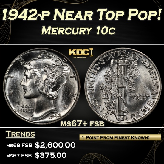 1942-p Mercury Dime Near Top Pop! 10c ms67+ fsb SEGS