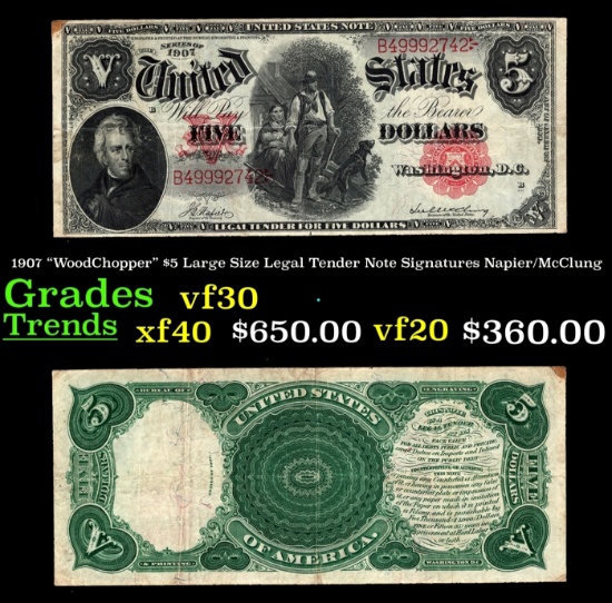 1907 $5 Large Size Legal Tender Note "WoodChopper" Grades vf++ Signatures Napier/McClung